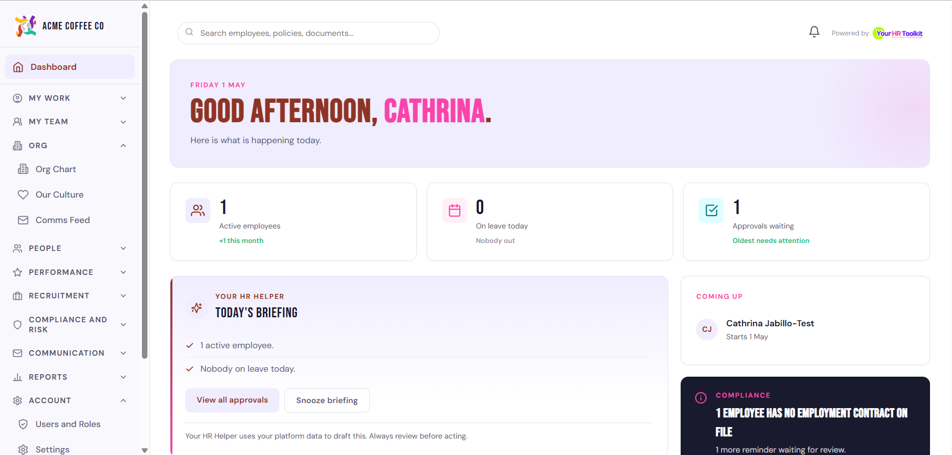 Admin dashboard with open tasks and highlights