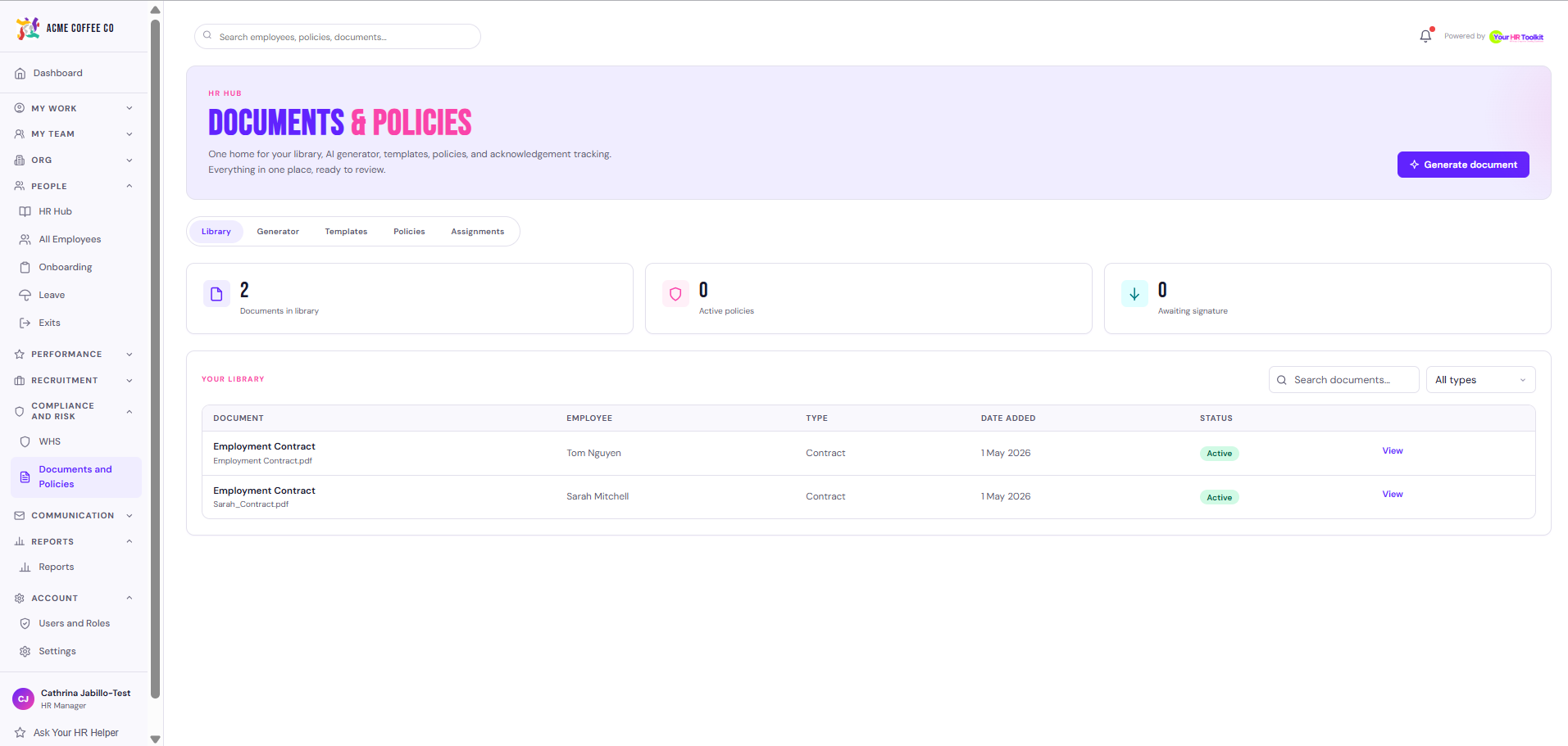 Documents hub, Library tab listing every document on file