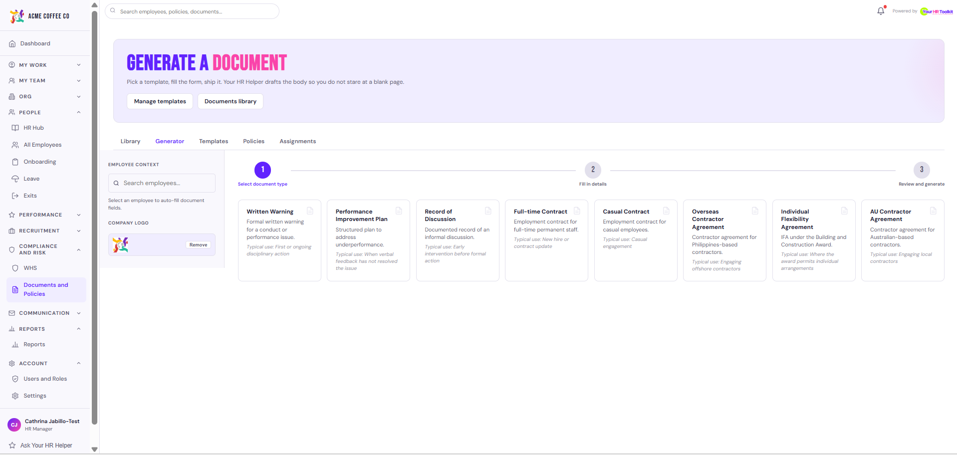 Documents hub, Generator tab with document type picker