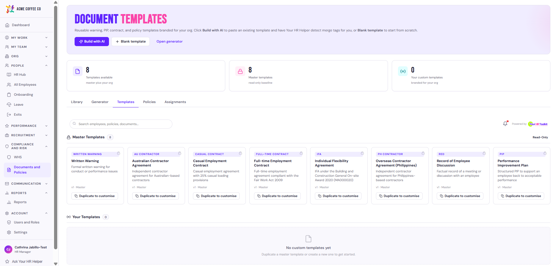 Documents hub, Templates tab listing master and organisation templates