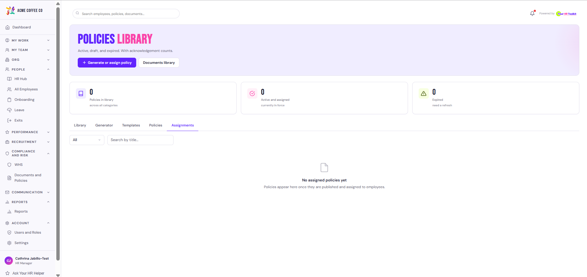 Documents hub, Assignments tab tracking signatures and acknowledgements