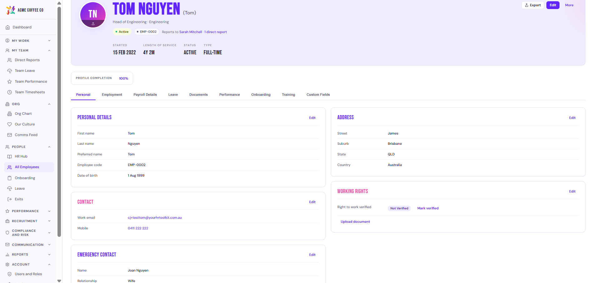 Employee profile, Personal tab