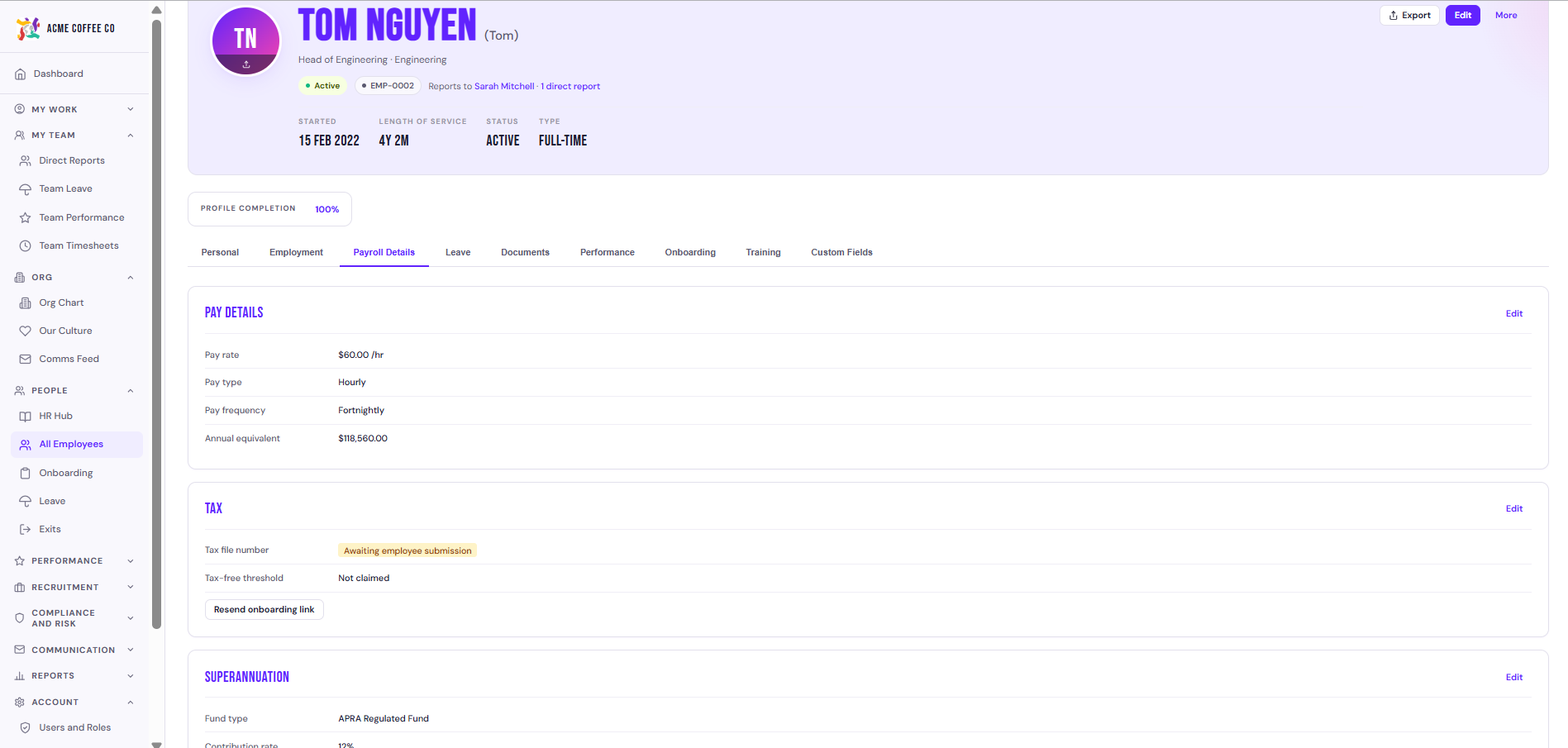 Employee profile, Payroll Details tab