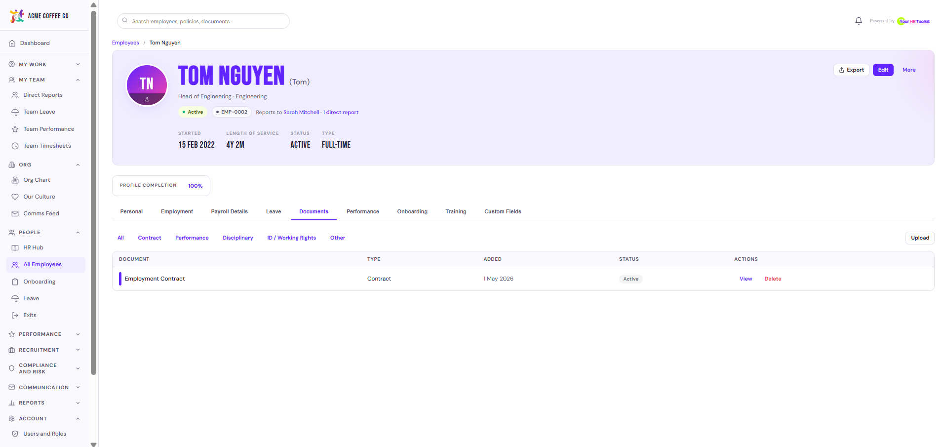 Employee profile, Documents tab