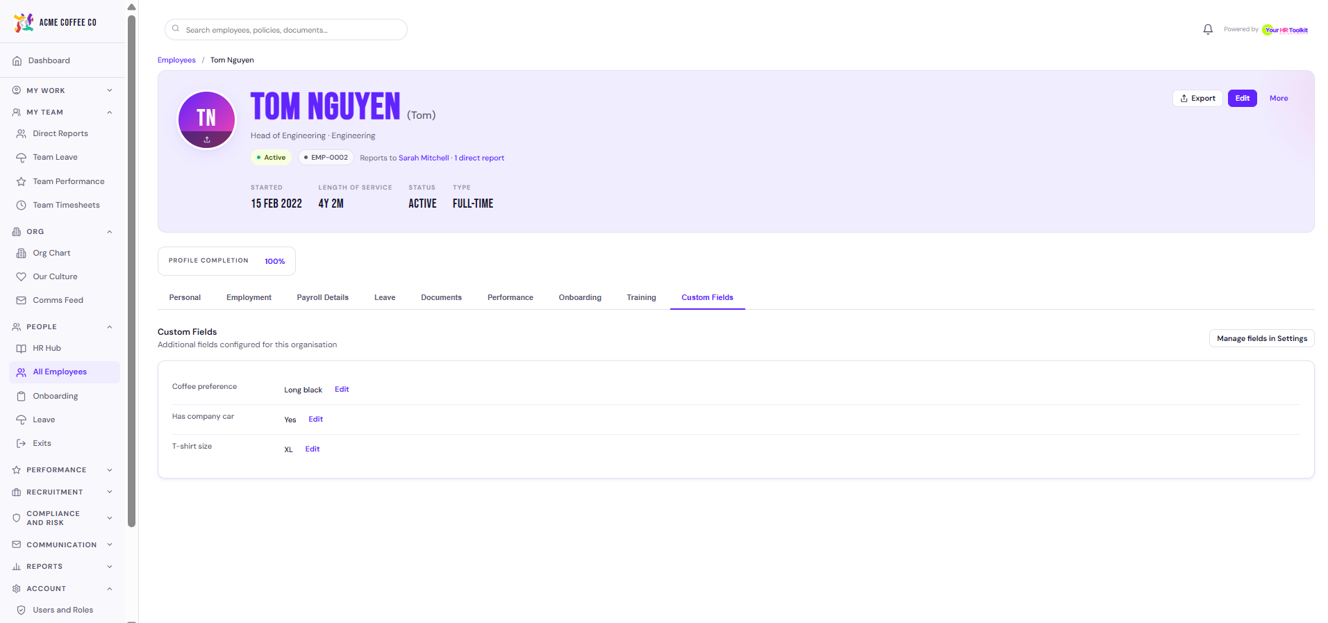 Employee profile, Custom Fields tab