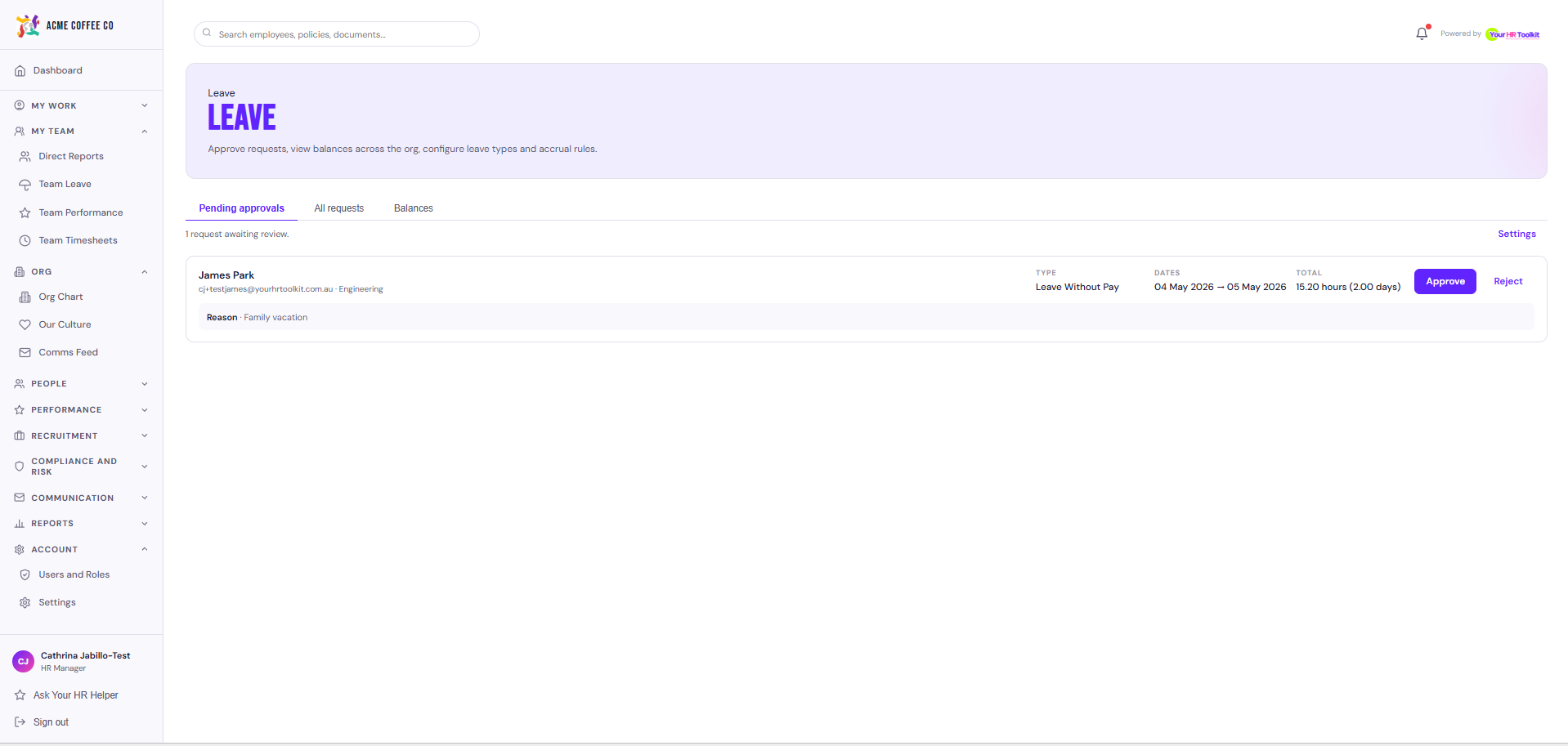 Leave approvals queue showing pending requests from direct reports