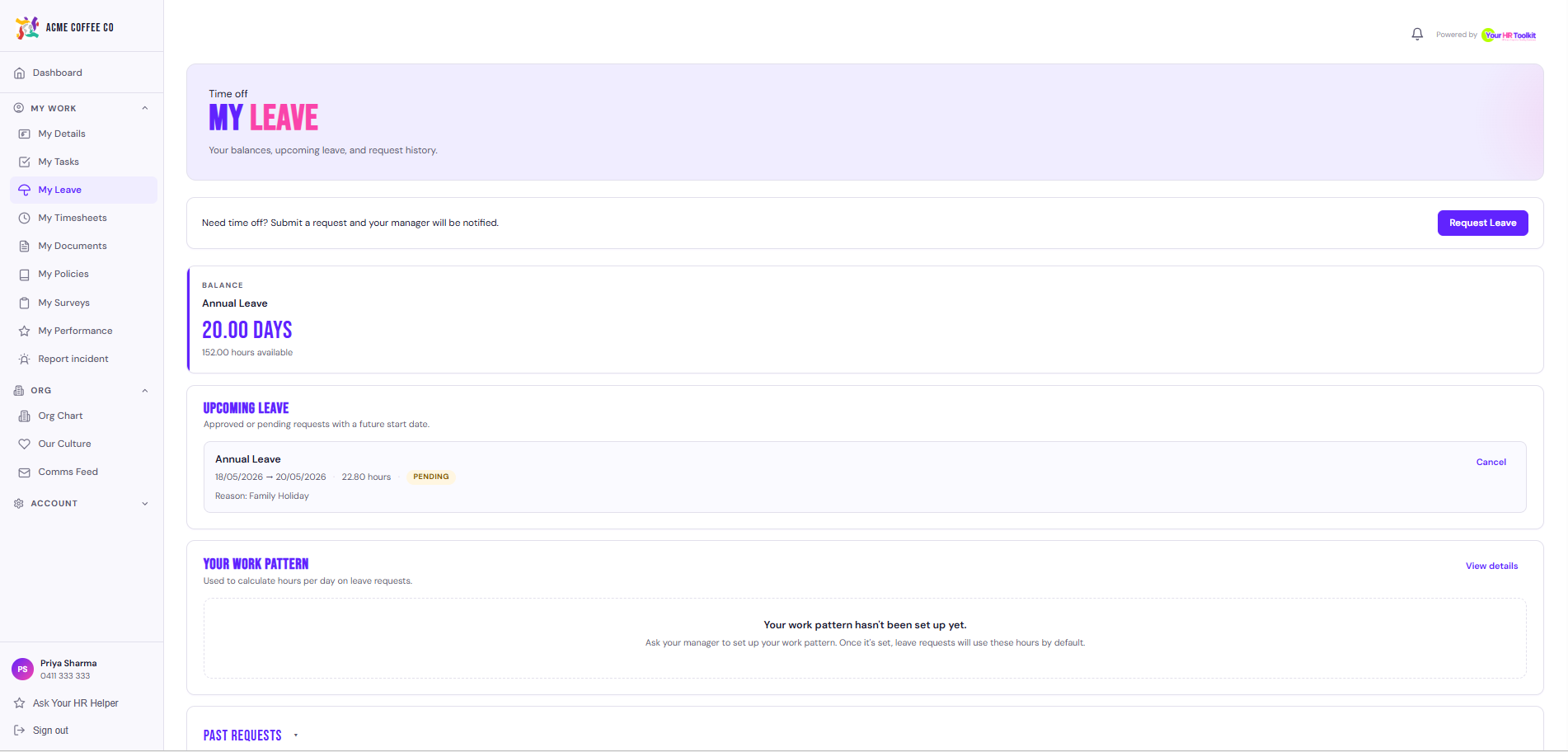 My Leave page showing balance cards and request history