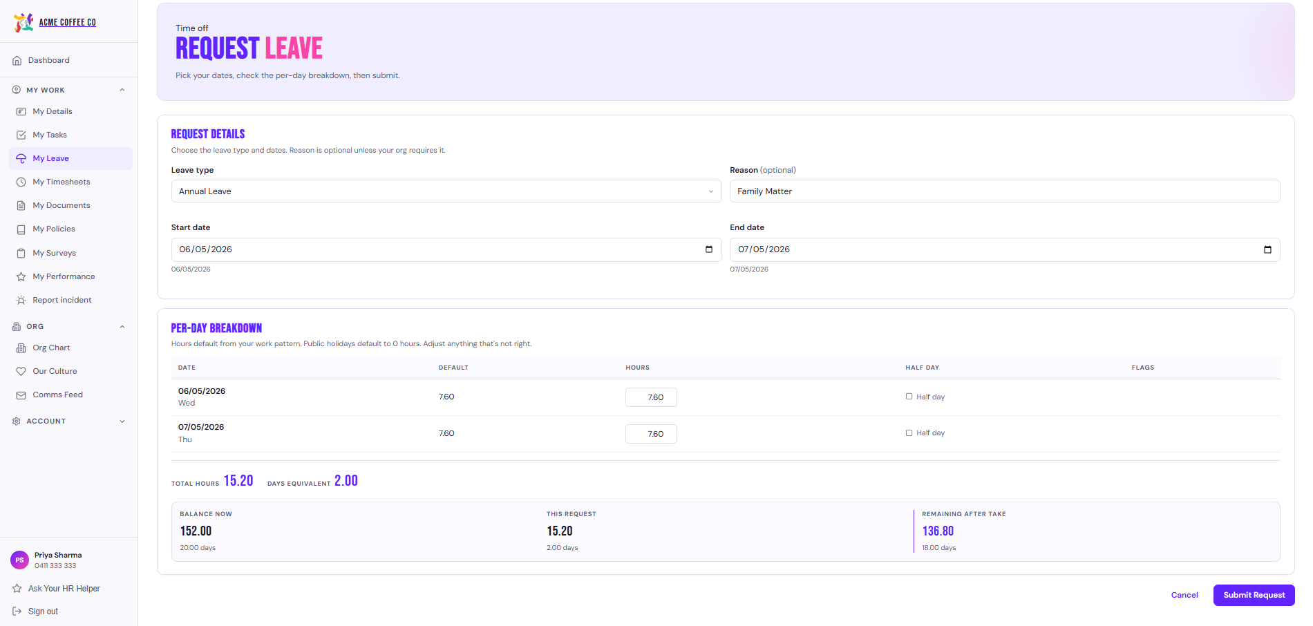 New leave request modal with dates, type, and projected balance