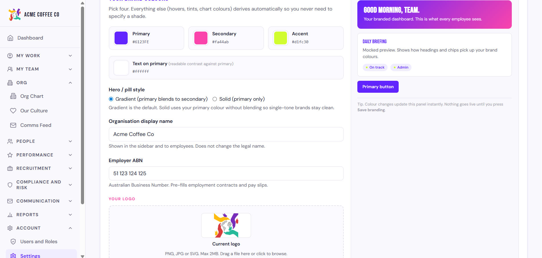 Settings landing page with branding, awards, integrations, and other admin areas