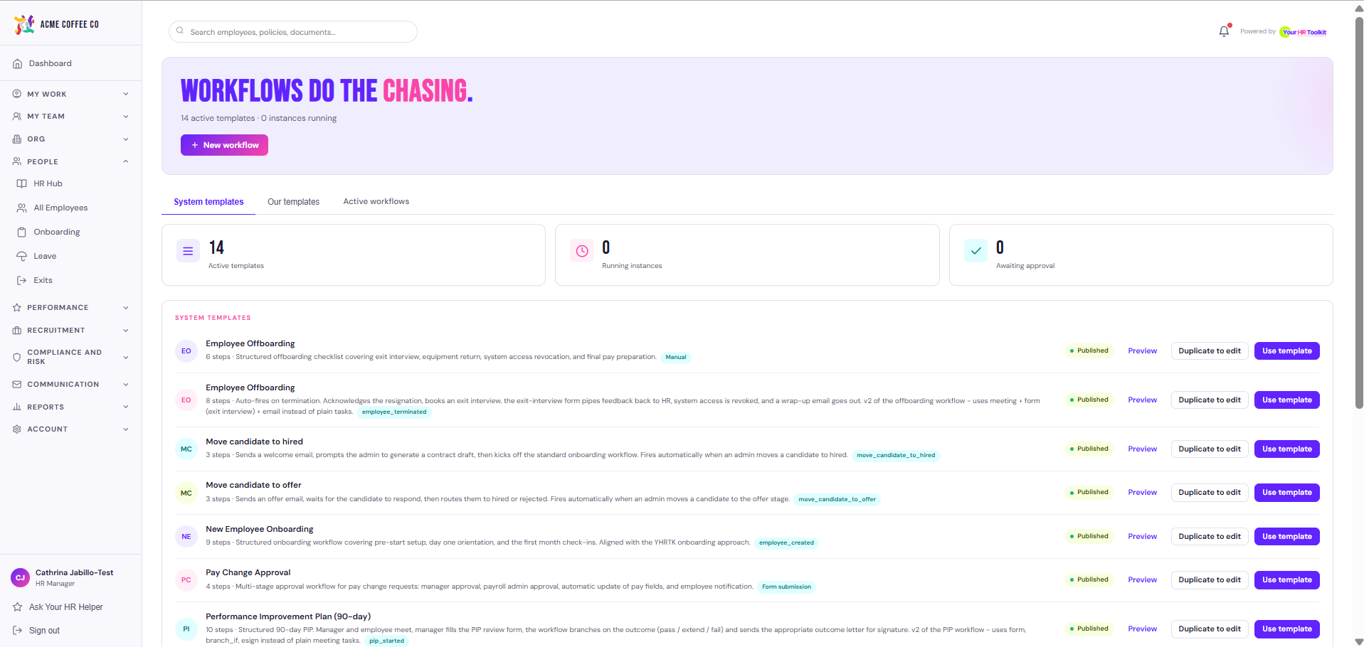 System templates tab in Workflows